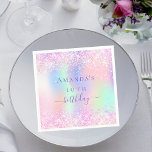 Birthday party pink purple holographic napkins<br><div class="desc">A girly trendy iridescent background with unicorn and rainbow pastel colors in pink,  purple,  mint green. Decorated with faux sparkles.  Personalize and add a name and age.  The word birthday is written with a modern hand lettered style script.</div>