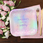 Birthday party pink purple holographic paper plates<br><div class="desc">A girly trendy iridescent background with unicorn and rainbow pastel colors in pink,  purple,  mint green. Decorated with faux sparkles.  Personalize and add a name and age.  The word birthday is written with a modern hand lettered style script.</div>
