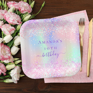 Birthday party pink purple holographic paper plates