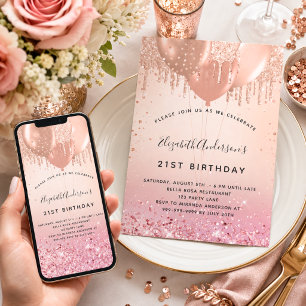 Birthday party pink rose gold balloons invitation