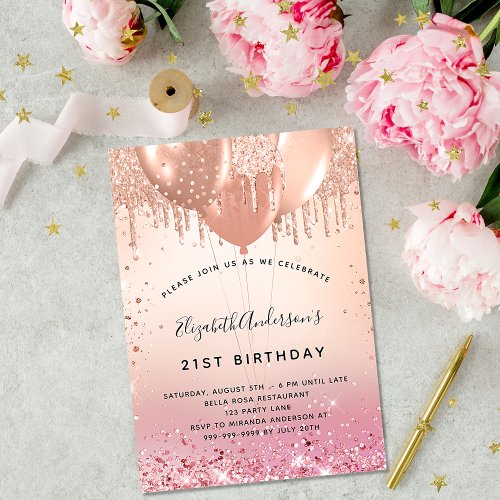 Birthday party pink rose gold balloons luxury invitation