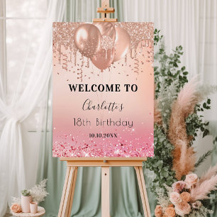 Birthday party pink rose gold balloons welcome foam board