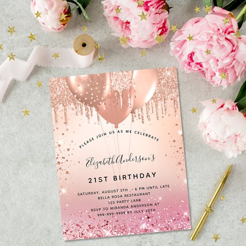 Birthday party pink rose gold budget invitation flyer