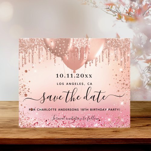 Birthday party pink rose gold budget save the date flyer