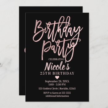Birthday Party Pink Rose Gold Foil & Black Modern Invitation by printabledigidesigns at Zazzle