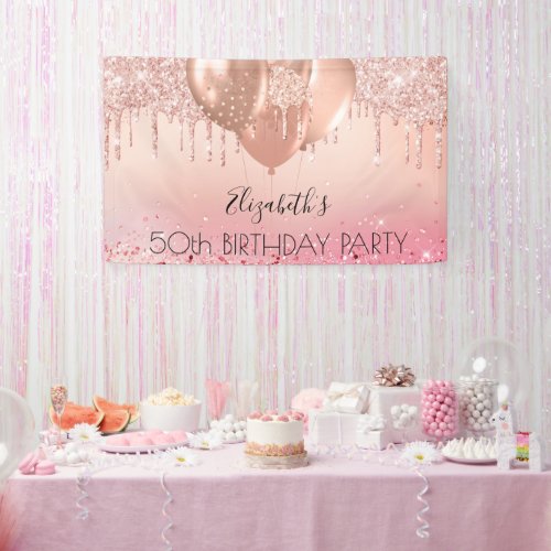 Birthday party pink rose gold glitter balloons banner