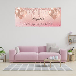 Birthday party pink rose gold glitter balloons banner