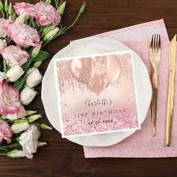 Birthday party pink rose gold glitter balloons napkins