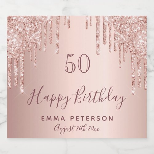 Birthday party pink rose gold glitter sparkle sparkling wine label