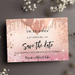 Birthday party pink rose gold save the date<br><div class="desc">A girly and trendy Save the Date card for a 18th (or any age) birthday party. A blush pink, rose gold gradient background decorated with faux glitter drips, sparkles, and balloons. Personalize and add a date and name/age. The text: Save the Date is written with a large trendy hand lettered...</div>