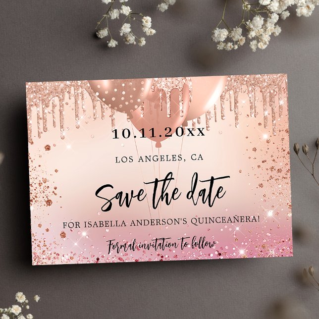 Birthday party pink rose gold save the date announcement postcard (Creator Uploaded)