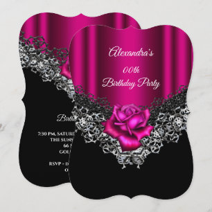 Birthday Party Pink Rose Lace Black Silver Invitation