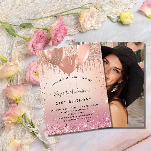 Birthday party pink rose photo budget invitation flyer