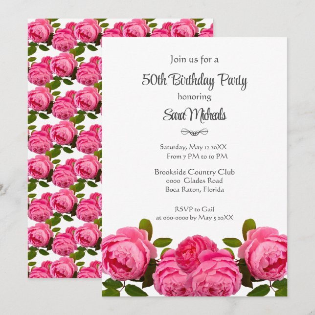 Birthday Party Pink Roses Party  Invitation (Front/Back)