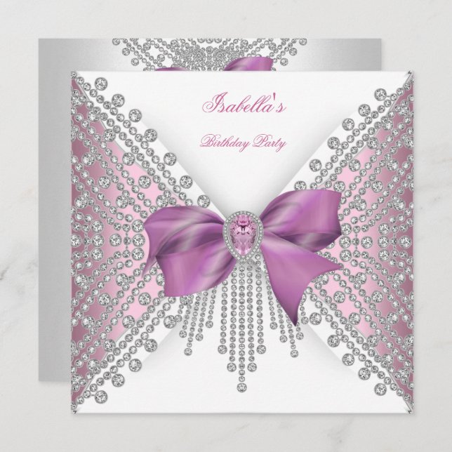 Birthday Party Pink Silver White Diamond Bow 2 Invitation (Front/Back)