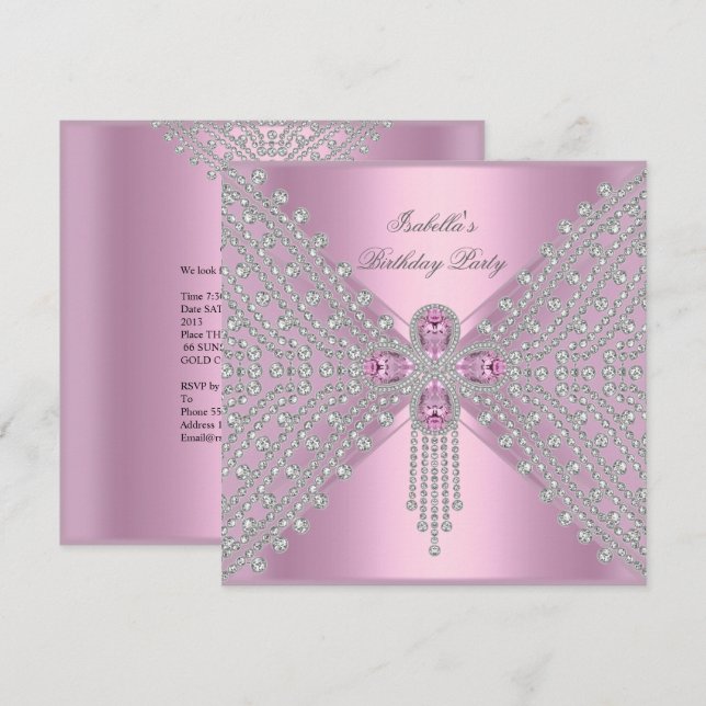 Birthday Party Pink Silver White Diamond Invitation (Front/Back)