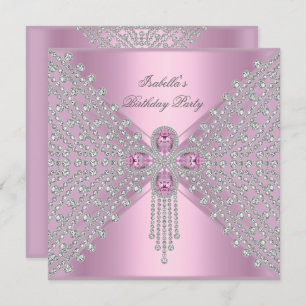 Birthday Party Pink Silver White Diamond Invitation