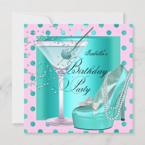 Birthday Party Pink Teal Blue Turquoise Invitation