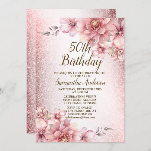 Birthday Party Pink Watercolor Flowers Glitter Invitation