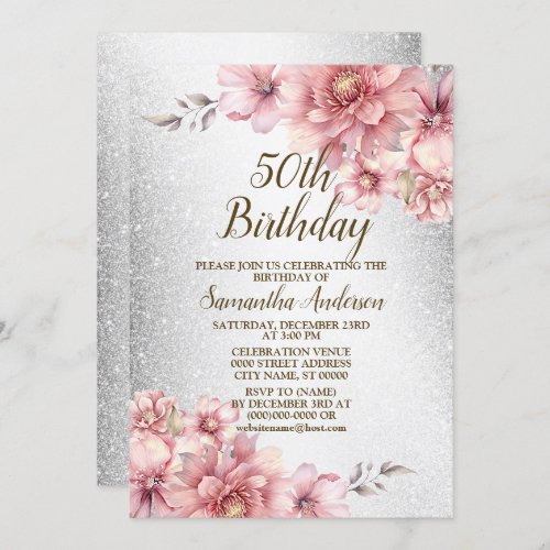 Birthday Party Pink Watercolor Flowers Glitter Invitation