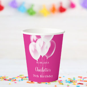 Birthday party pink white balloons name girl paper cups