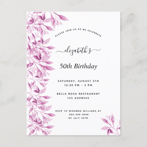 Birthday party pink white botanical postcard