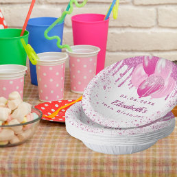 Birthday party pink white glitter balloons girl  paper bowls