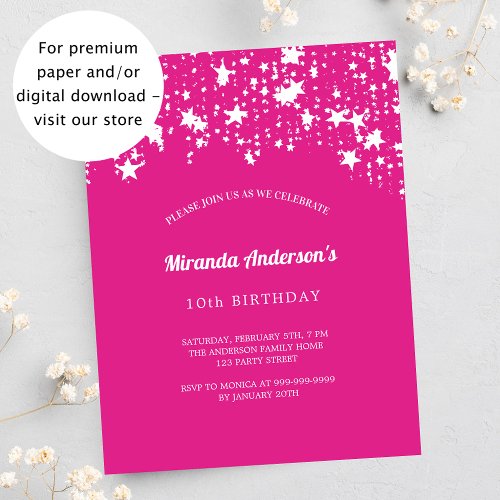 Birthday party pink white stars budget invitation flyer