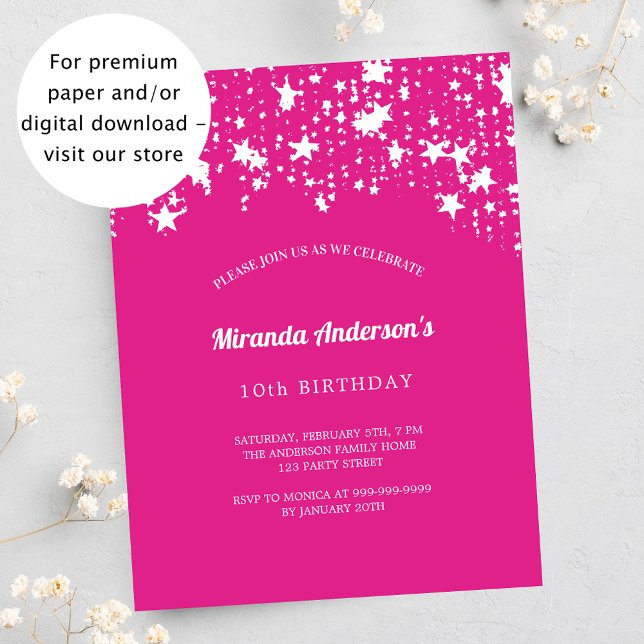 Birthday party pink white stars budget invitation flyer (Creator Uploaded)