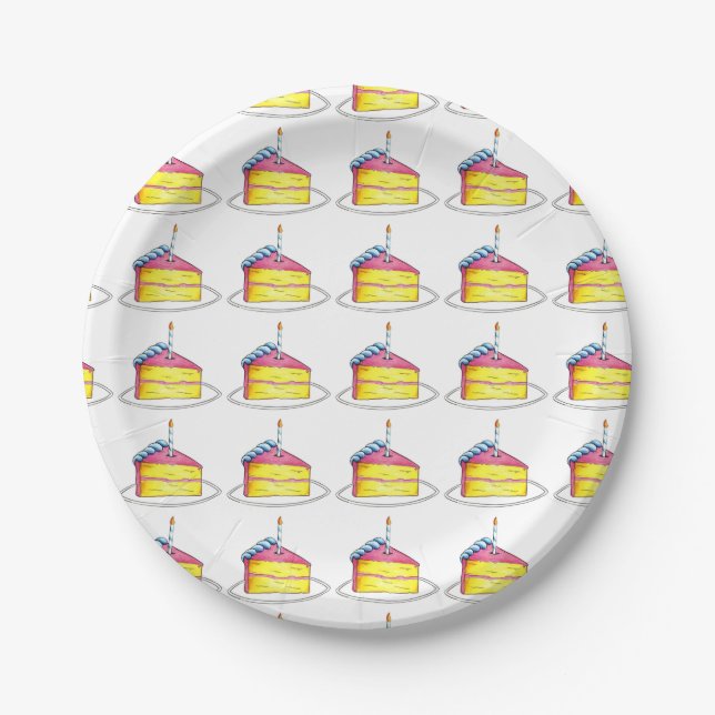 Birthday Party Pink Yellow Layer Cake Slice Foodie Paper Plates (Front)