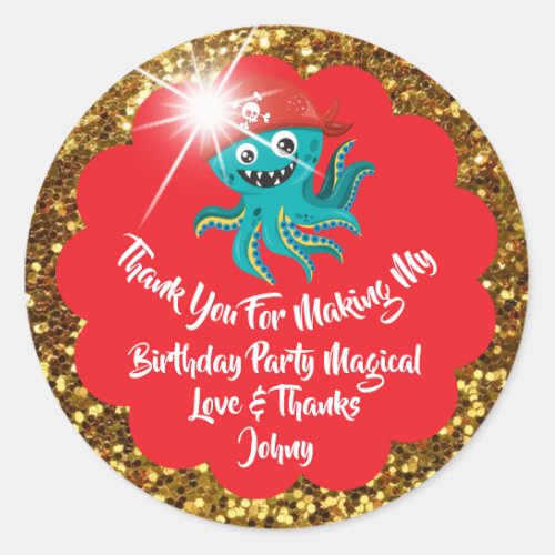 Birthday Party Pirate Favor Thank Red Glitter Gold Classic Round Sticker