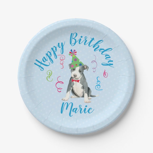 Birthday Party Pit Bull Terrier Paper Plates (Front)