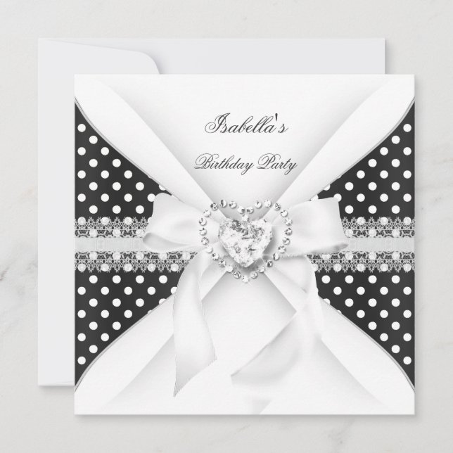 Birthday Party Polka Dot Black White Diamond Invitation (Front)