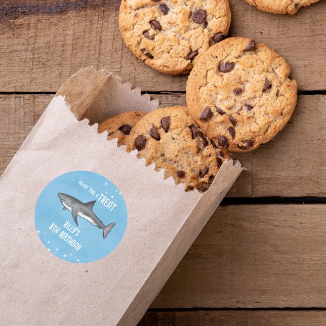 Birthday Party Pool Shark Custom  Classic Round Sticker (Please take a treat whimsical shark birthday sticker. )