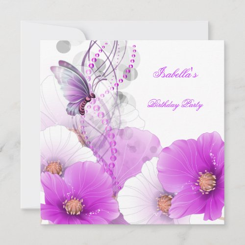 Birthday Party Pretty Floral Lilac White Butterfly Personalized Invite