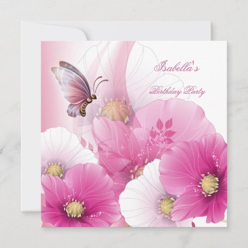 Birthday Party Pretty Floral Pink White Butterfly Personalized Invitation