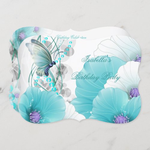 Birthday Party Pretty Floral Teal White Butterfly Invitation