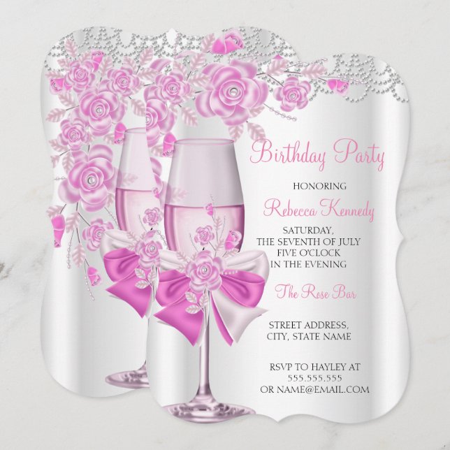 Birthday Party Pretty Pink Rose Champagne Invitation (Front/Back)