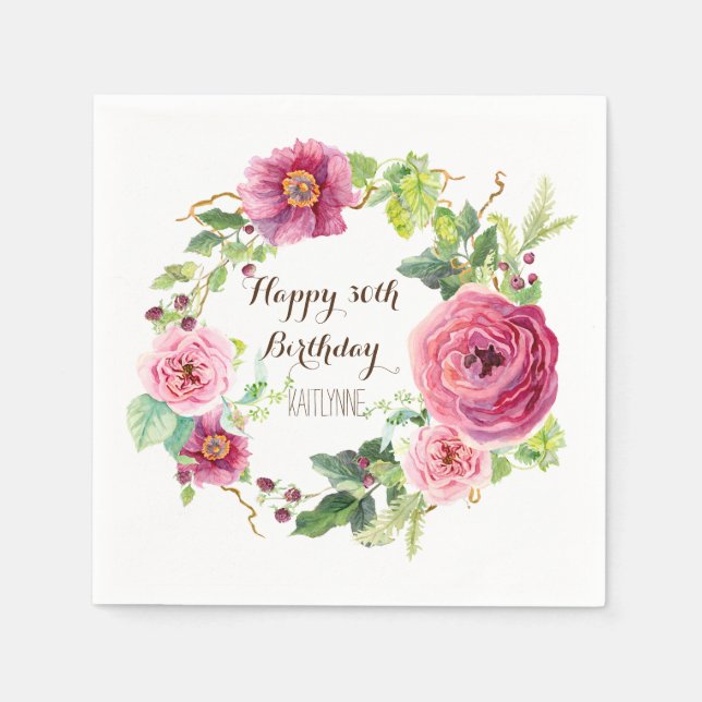 Birthday Party Pretty Pink Roses Wreath Modern Paper Napkins (Front)
