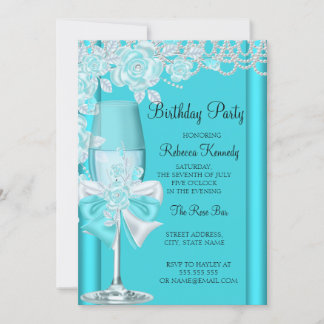 Birthday Party Pretty Teal Blue Rose Champagne 2 Invitation