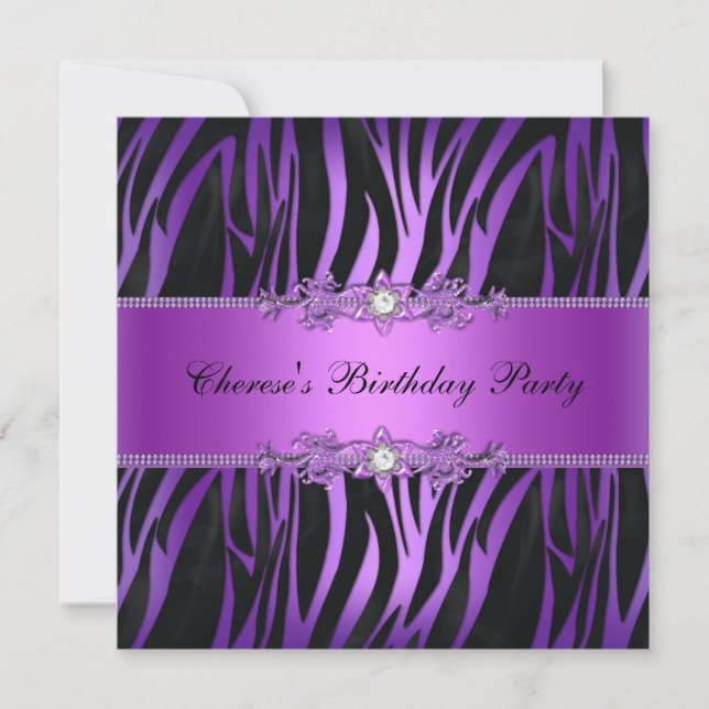 Birthday Party Purple Black Zebra Diamond Invitation (Front)