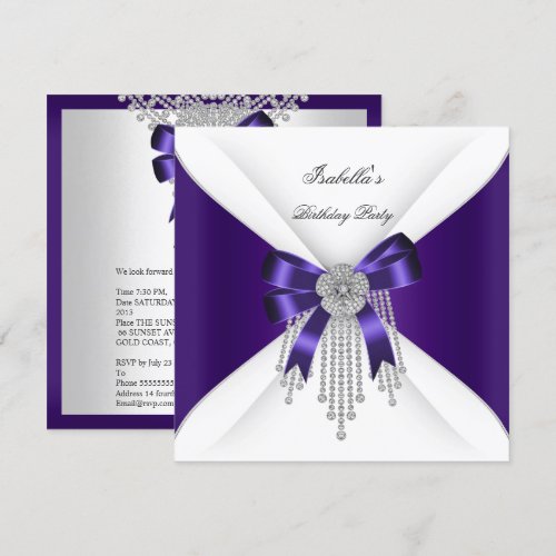 Birthday Party Purple Bow Silver White Diamond Invitations