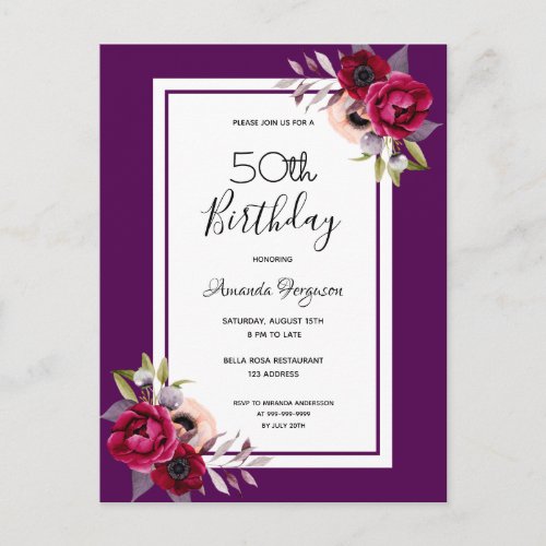 Birthday party purple burgundy florals invitation postcard