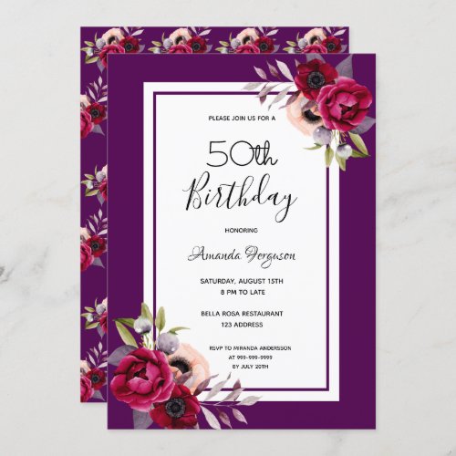 Birthday party purple burgundy white florals invitation