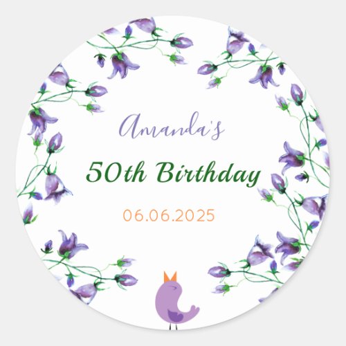 Birthday party purple florals bluebells white classic round sticker