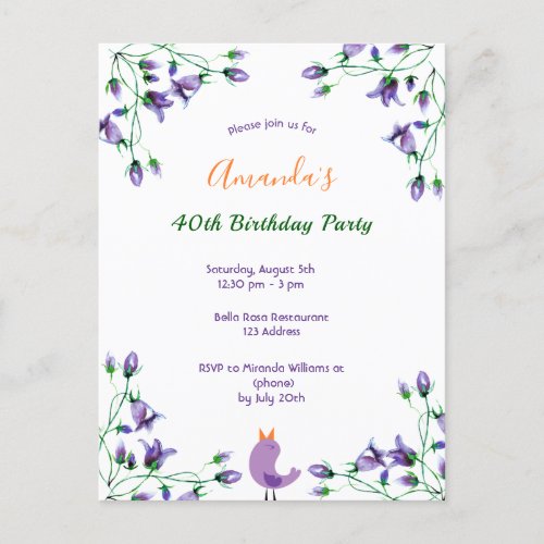 Birthday party purple florals bluebells white invitation postcard