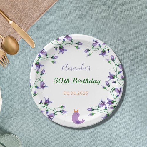 Birthday party purple florals bluebells white paper plates