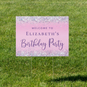 Birthday Party Purple Glitter Confetti Welcome Sign