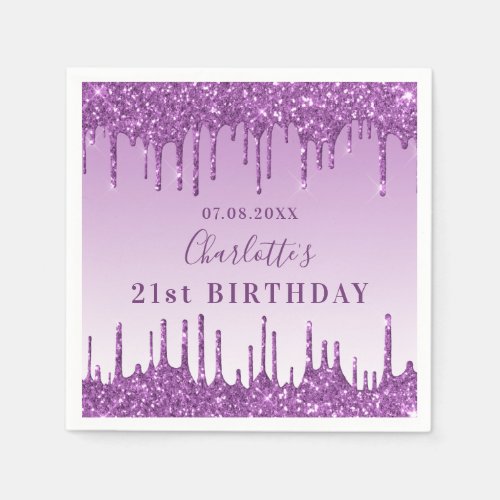 Birthday party purple glitter drip monogram luxury napkins