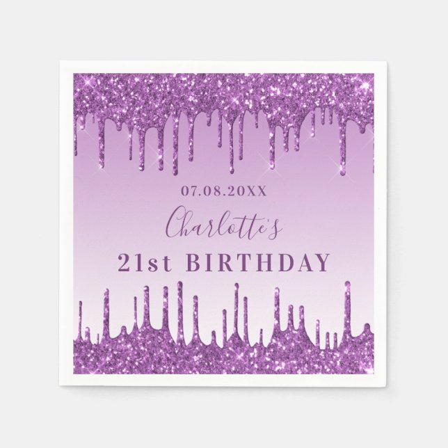 Birthday party purple glitter drip monogram luxury napkins (Front)